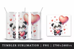 Watercolor cute panda holding heart balloon love Valentine Day print 20 oz tumbler skinny mug wrap clipart t-shirt sublimation printable design