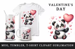 Watercolor cute panda holding heart balloon love Valentine Day print 20 oz tumbler skinny mug wrap clipart t-shirt sublimation printable design