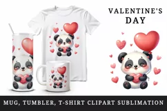 Watercolor cute panda holding heart balloon love Valentine Day print 20 oz tumbler skinny mug wrap clipart t-shirt sublimation printable design
