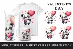 Watercolor cute panda holding red heart balloon Valentines Day love print 20 oz tumbler skinny mug wrap clipart t-shirt sublimation printable design