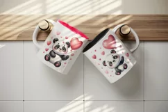 Watercolor cute panda holding red heart balloon Valentines Day love print 20 oz tumbler skinny mug wrap clipart t-shirt sublimation printable design