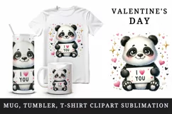 Watercolor cute panda sparkle hearts I Love You quote Valentine Day print 20 oz tumbler skinny mug wrap clipart t-shirt sublimation printable design