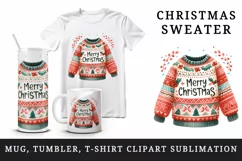 Watercolor cute patterned sweater Merry Christmas greeting quote print 20 oz tumbler skinny mug wrap clipart t-shirt sublimation printable design