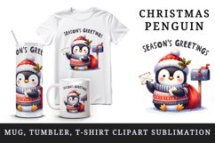 Watercolor cute penguin Christmas sweater letter Season Greetings quote print tumbler skinny mug wrap clipart t-shirt sublimation printable design