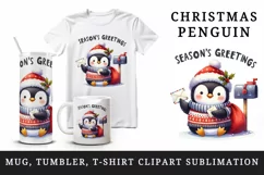Watercolor cute penguin Christmas sweater letter Season Greetings quote print tumbler skinny mug wrap clipart t-shirt sublimation printable design