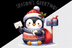 Watercolor cute penguin Christmas sweater letter Season Greetings quote print tumbler skinny mug wrap clipart t-shirt sublimation printable design