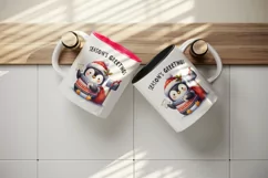 Watercolor cute penguin Christmas sweater letter Season Greetings quote print tumbler skinny mug wrap clipart t-shirt sublimation printable design