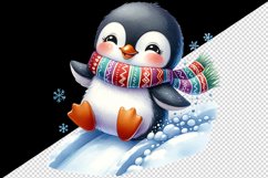 Watercolor cute penguin colorful scarf sliding down snow hill winter print 20 oz tumbler skinny mug wrap clipart t-shirt sublimation printable design