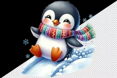 Watercolor cute penguin colorful scarf sliding down snow hill winter print 20 oz tumbler skinny mug wrap clipart t-shirt sublimation printable design