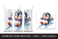 Watercolor cute penguin colorful scarf sliding down snow hill winter print 20 oz tumbler skinny mug wrap clipart t-shirt sublimation printable design