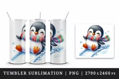 Watercolor cute penguin colorful scarf sliding down snow hill winter print 20 oz tumbler skinny mug wrap clipart t-shirt sublimation printable design