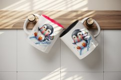 Watercolor cute penguin colorful scarf sliding down snow hill winter print 20 oz tumbler skinny mug wrap clipart t-shirt sublimation printable design