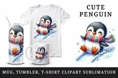 Watercolor cute penguin colorful scarf sliding down snow hill winter print 20 oz tumbler skinny mug wrap clipart t-shirt sublimation printable design