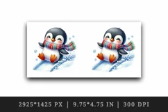 Watercolor cute penguin colorful scarf sliding down snow hill winter print 20 oz tumbler skinny mug wrap clipart t-shirt sublimation printable design