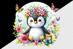 Watercolor cute penguin crown of spring flowers among butterflies print 20 oz tumbler skinny mug wrap clipart t-shirt sublimation printable design