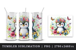 Watercolor cute penguin crown of spring flowers among butterflies print 20 oz tumbler skinny mug wrap clipart t-shirt sublimation printable design