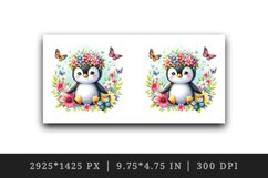 Watercolor cute penguin crown of spring flowers among butterflies print 20 oz tumbler skinny mug wrap clipart t-shirt sublimation printable design