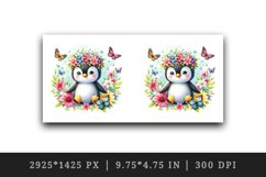 Watercolor cute penguin crown of spring flowers among butterflies print 20 oz tumbler skinny mug wrap clipart t-shirt sublimation printable design