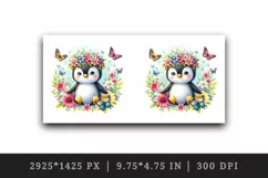 Watercolor cute penguin crown of spring flowers among butterflies print 20 oz tumbler skinny mug wrap clipart t-shirt sublimation printable design