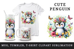 Watercolor cute penguin crown of spring flowers among butterflies print 20 oz tumbler skinny mug wrap clipart t-shirt sublimation printable design