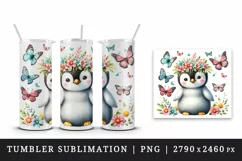 Watercolor cute penguin crown of spring flowers sitting butterflies print 20 oz tumbler skinny mug wrap clipart t-shirt sublimation printable design