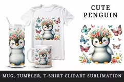 Watercolor cute penguin crown of spring flowers sitting butterflies print 20 oz tumbler skinny mug wrap clipart t-shirt sublimation printable design