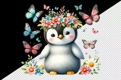 Watercolor cute penguin crown of spring flowers sitting butterflies print 20 oz tumbler skinny mug wrap clipart t-shirt sublimation printable design