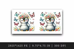 Watercolor cute penguin crown of spring flowers sitting butterflies print 20 oz tumbler skinny mug wrap clipart t-shirt sublimation printable design