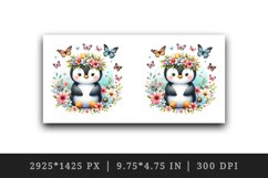 Watercolor cute penguin crown of spring flowers sitting butterflies print 20 oz tumbler skinny mug wrap clipart t-shirt sublimation printable design