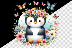 Watercolor cute penguin crown of spring flowers sitting butterflies print 20 oz tumbler skinny mug wrap clipart t-shirt sublimation printable design