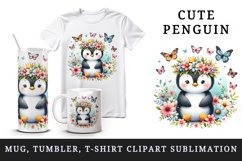 Watercolor cute penguin crown of spring flowers sitting butterflies print 20 oz tumbler skinny mug wrap clipart t-shirt sublimation printable design