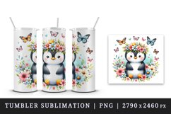 Watercolor cute penguin crown of spring flowers sitting butterflies print 20 oz tumbler skinny mug wrap clipart t-shirt sublimation printable design