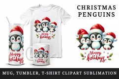 Watercolor cute penguin family hats Happy Holidays Christmas quote print 20 oz tumbler skinny mug wrap clipart t-shirt sublimation printable design