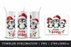 Watercolor cute penguin family hats Happy Holidays Christmas quote print 20 oz tumbler skinny mug wrap clipart t-shirt sublimation printable design