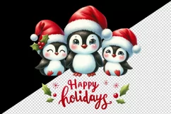 Watercolor cute penguin family hats Happy Holidays Christmas quote print 20 oz tumbler skinny mug wrap clipart t-shirt sublimation printable design