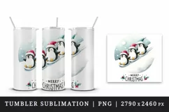 Watercolor cute penguin family Merry Christmas quote New Year winter print 20 oz tumbler skinny mug wrap clipart t-shirt sublimation printable design