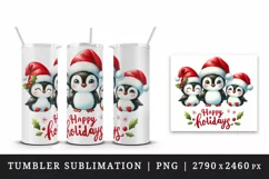 Watercolor cute penguin family Santa hat Happy Holidays Christmas quote print tumbler skinny mug wrap clipart t-shirt sublimation printable design