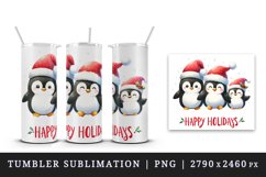 Watercolor cute penguin family Santa hat Happy Holidays Christmas quote print tumbler skinny mug wrap clipart t-shirt sublimation printable design