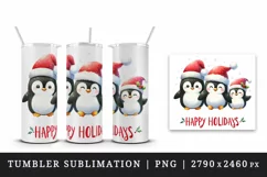 Watercolor cute penguin family Santa hat Happy Holidays Christmas quote print tumbler skinny mug wrap clipart t-shirt sublimation printable design