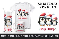 Watercolor cute penguin family Santa hat Happy Holidays Christmas quote print tumbler skinny mug wrap clipart t-shirt sublimation printable design