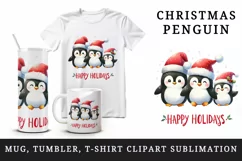 Watercolor cute penguin family Santa hat Happy Holidays Christmas quote print tumbler skinny mug wrap clipart t-shirt sublimation printable design