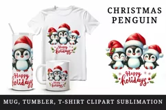 Watercolor cute penguin family Santa hat Happy Holidays Christmas quote print tumbler skinny mug wrap clipart t-shirt sublimation printable design