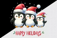 Watercolor cute penguin family Santa hat Happy Holidays Christmas quote print tumbler skinny mug wrap clipart t-shirt sublimation printable design