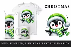 Watercolor cute penguin green Santa hat scarf Christmas New Year winter print tumbler skinny mug wrap clipart t-shirt sublimation printable design