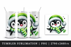 Watercolor cute penguin green Santa hat scarf Christmas New Year winter print tumbler skinny mug wrap clipart t-shirt sublimation printable design