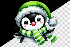 Watercolor cute penguin green Santa hat scarf Christmas New Year winter print tumbler skinny mug wrap clipart t-shirt sublimation printable design