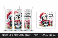 Watercolor cute penguin hat gifts Merry Christmas greeting quote print 20 oz tumbler skinny mug wrap clipart t-shirt sublimation printable design