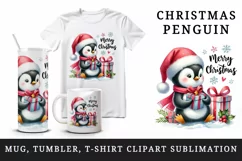 Watercolor cute penguin hat gifts Merry Christmas greeting quote print 20 oz tumbler skinny mug wrap clipart t-shirt sublimation printable design