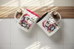 Watercolor cute penguin hat gifts Merry Christmas greeting quote print 20 oz tumbler skinny mug wrap clipart t-shirt sublimation printable design