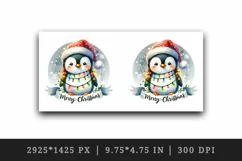 Watercolor cute penguin hat lights Merry Christmas greeting quote print 20 oz tumbler skinny mug wrap clipart t-shirt sublimation printable design